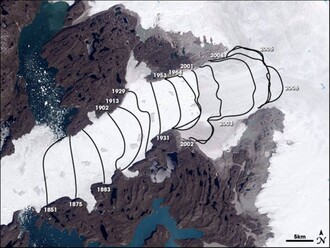Vývoj ledovce Jakobshavn mezi lety 1851 - 2006.