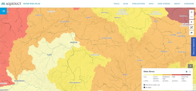 Obr. 3. Mapa míst s nedostatkem vody na území ČR v predikci optimistického scénáře na rok 2030