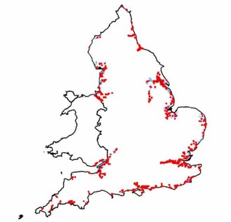 Mapa historických pobřežních skládek v Anglii a Walesu.