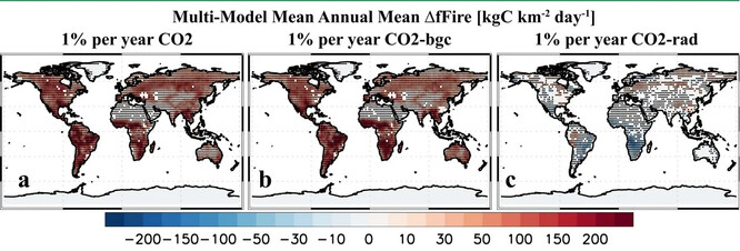 Obrázek ukazuje velký nárůst požárů v důsledku hnojivých účinků CO2, nikoli však v důsledku skleníkového efektu samotného CO2.